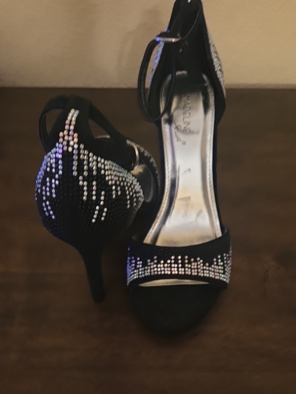 Madeline Stuart Black Open-Toe Rhinestone Ankle-Strap Heels